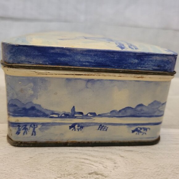Vintage Patria Windmill Design Metal Tin Box 1970s Dutch Blue & White - Picture 9 of 11